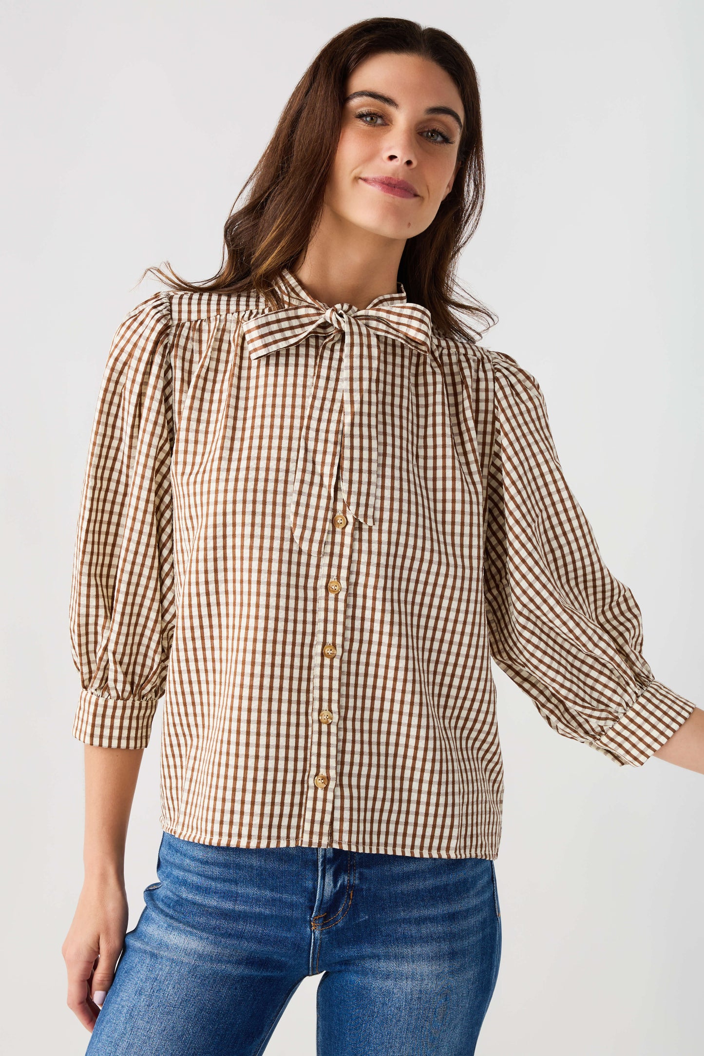 THML Gingham Tie Neck Blouse