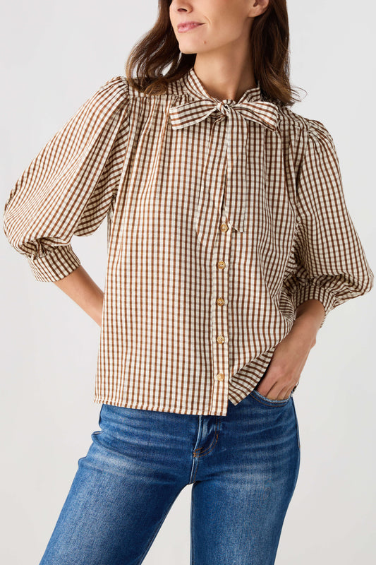 THML Gingham Tie Neck Blouse