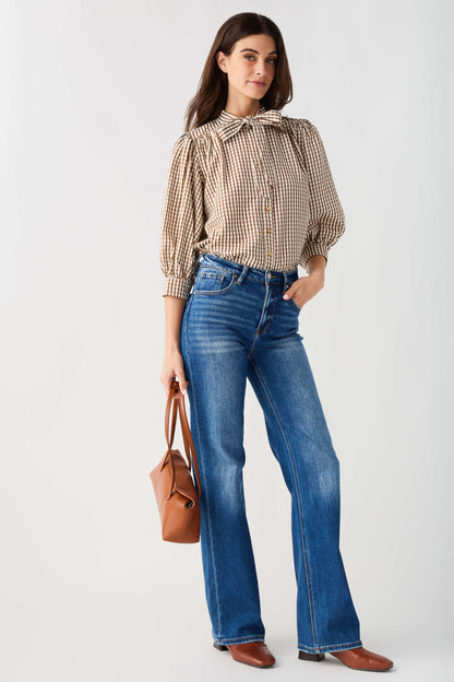 THML Gingham Tie Neck Blouse