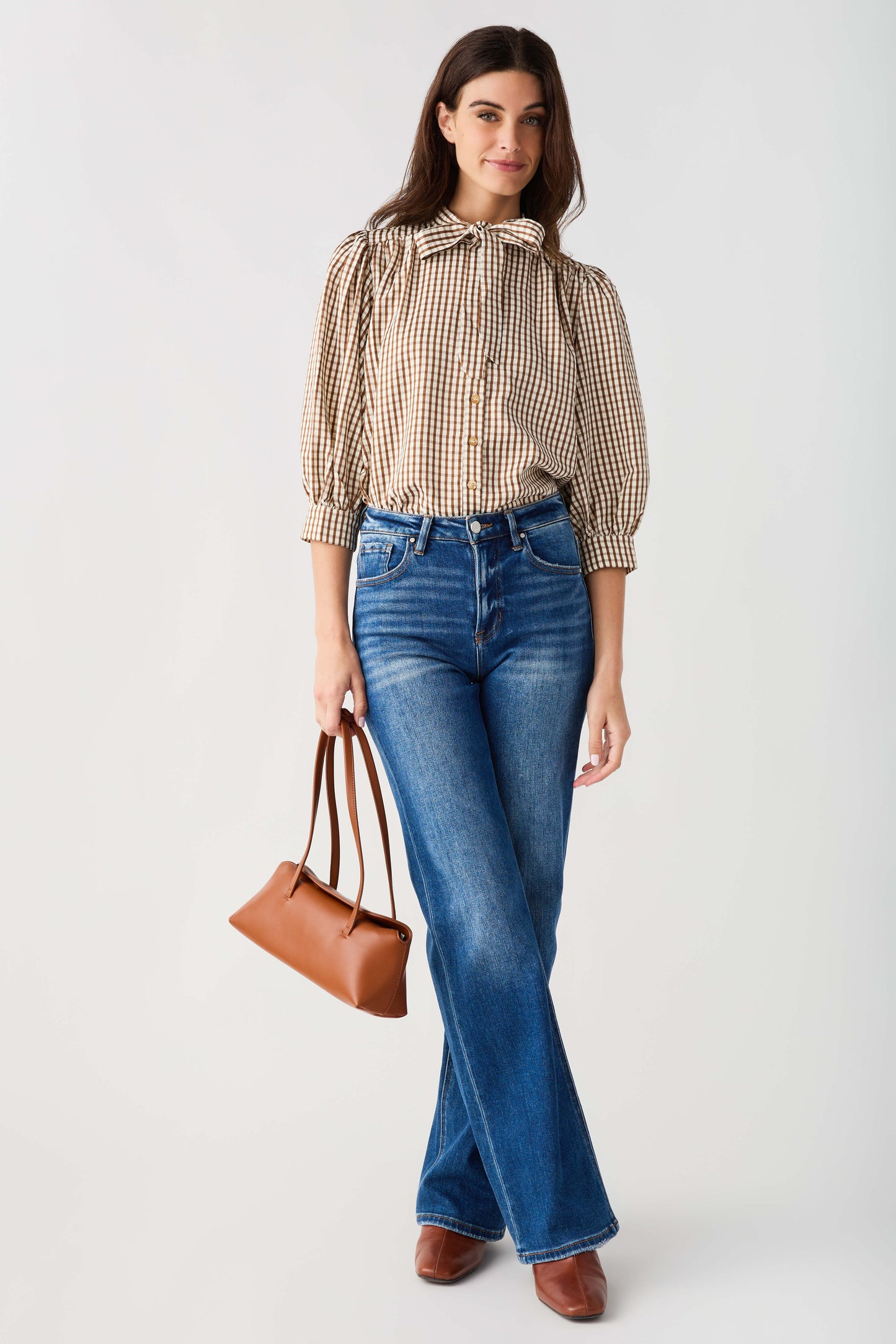 THML Gingham Tie Neck Blouse