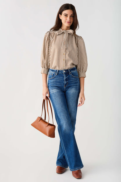 THML Gingham Tie Neck Blouse