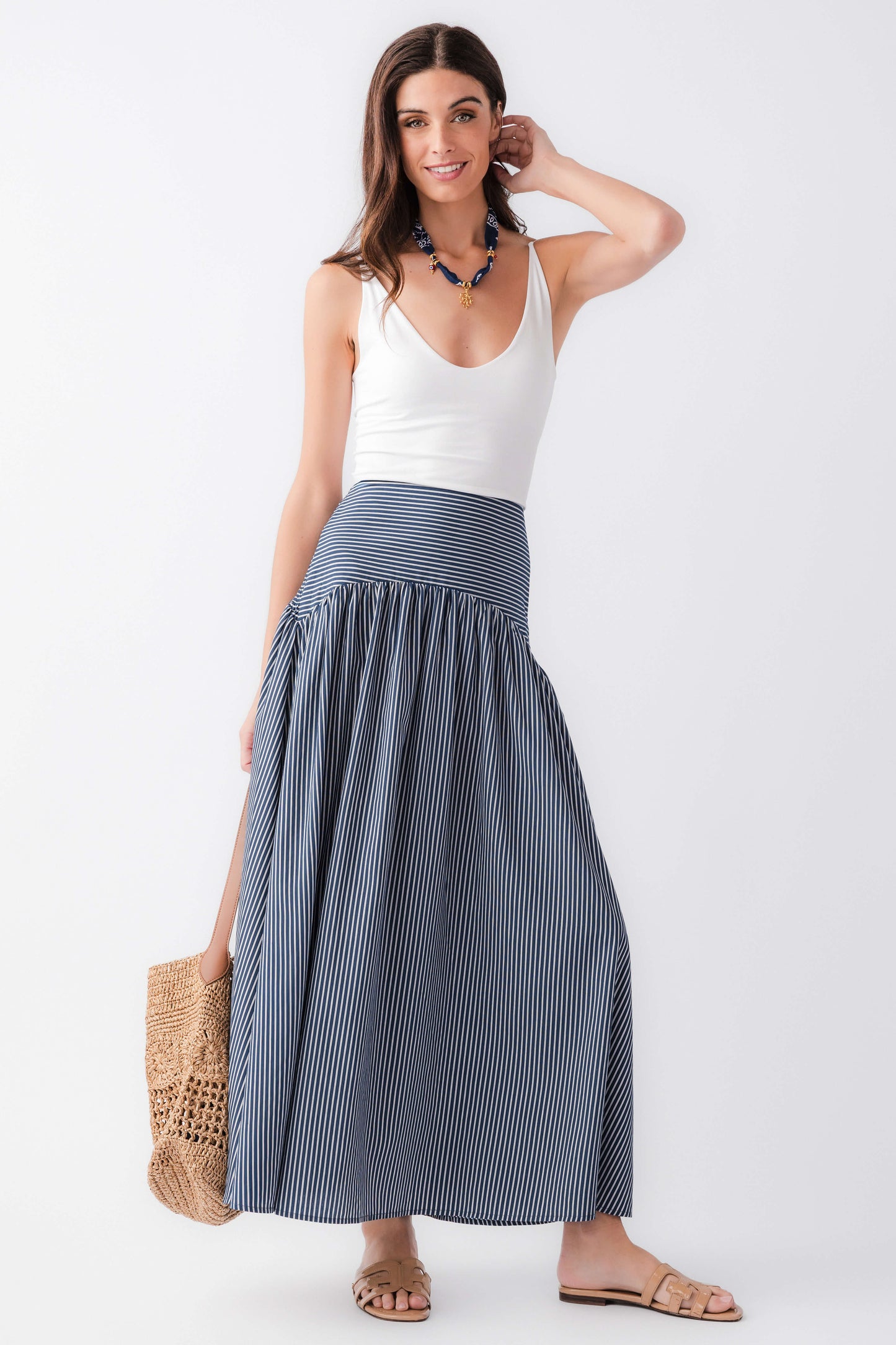 Elan Drop Waist Striped Maxi Skirt